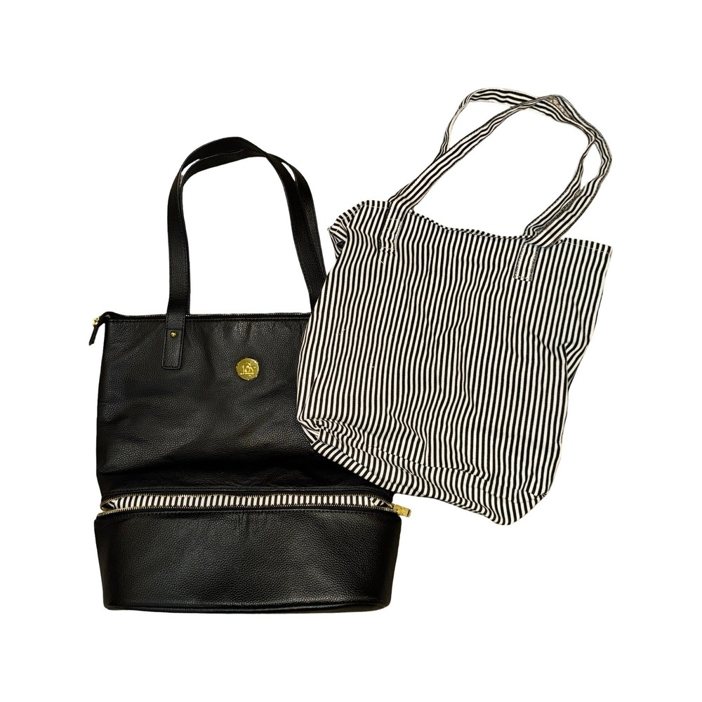 Joy Mangano double Decker Tote Bag Women Large Black Zip Bottom w/ Shoppers Tote